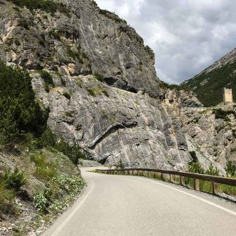 Road near the top of the Lago di Cancano climb near tunnel and Fraele Towers