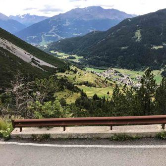 View over Bormio valley on way up Laghi di Cancano cycling climb