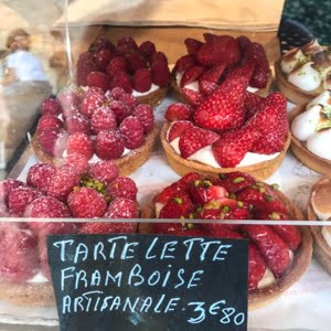 Strawberry tarts on display at La Flotte market