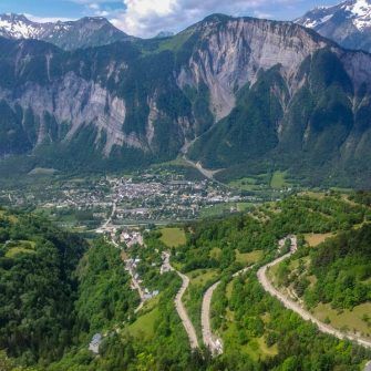 Alpe d'Huez switchbacks above Bourg d'Oisans