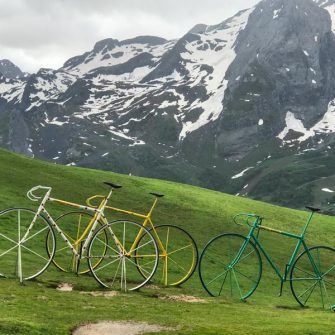 Brightly coloured bicycle statues on the Col d'Aubisque