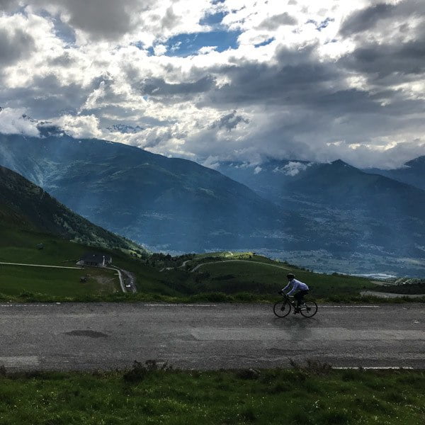 Cycling descending Hautacam, French Pyrenees, on a cloudy day