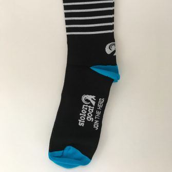 Stripey black and blue cycling socks