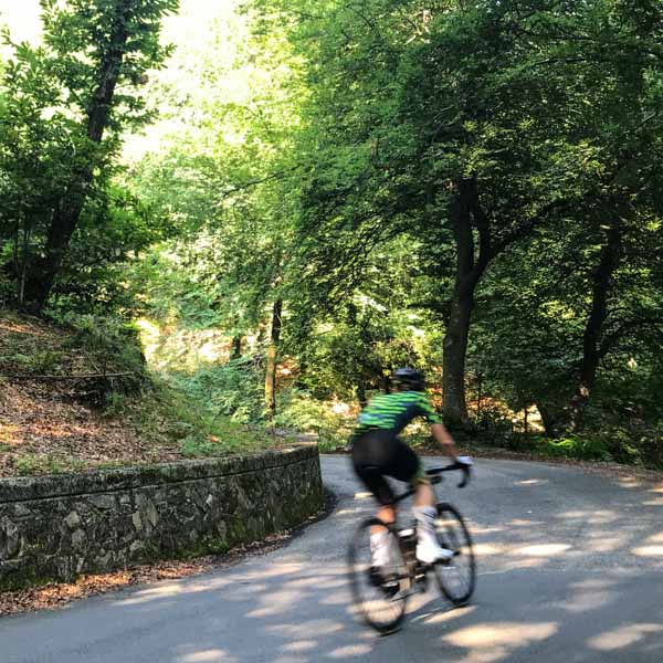 Cyclist nearing the top of the Santuari Madonna di Ardena climb
