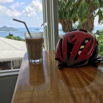 Cyclist helmet and smoothie at The Station, Seychelles