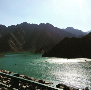 View down to the blue waters of the Hatta dam, Sharjah