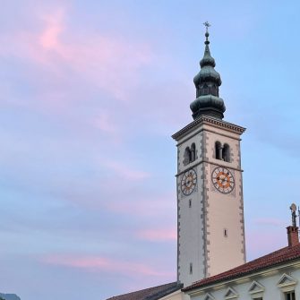 Bell tower in Kobarid at sunset