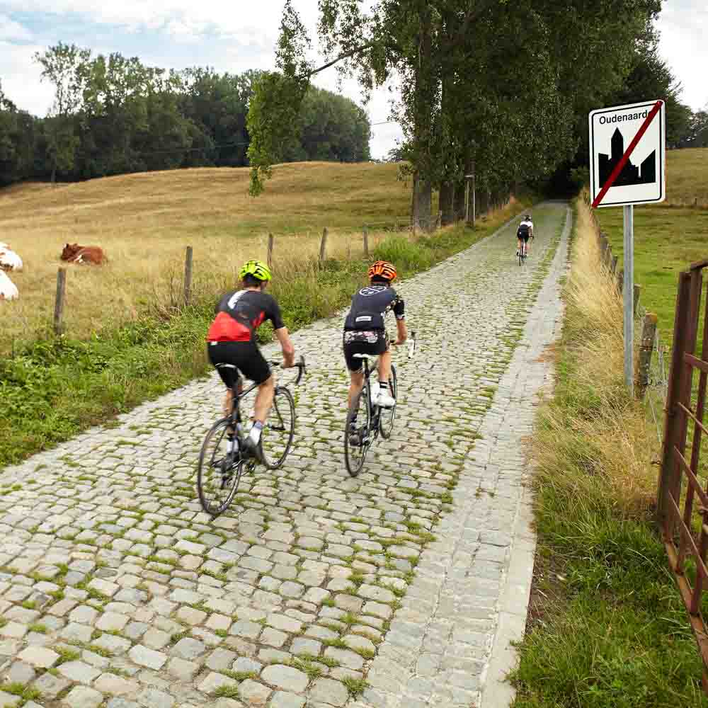 Three cyclists are cycling on the village road cycling tours belgium